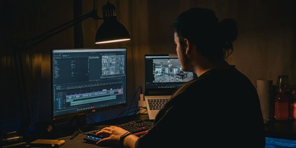 An editor sits at a desk in a lamp-lit room, working on a multi-track video timeline shown across a monitor and a laptop screen.